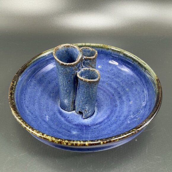 Hand Made Pottery Flower Frog Dish Container Vase Artist Signed Blue Glazed VTG - Picture 12 of 12